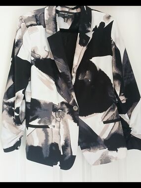 Adrienne Landau - ONYX Black, White & Taupe Abstract Print Single-Button Blazer